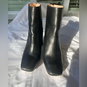 J Crew black leather almond toe short boots. Polished leather, 3 inch he…